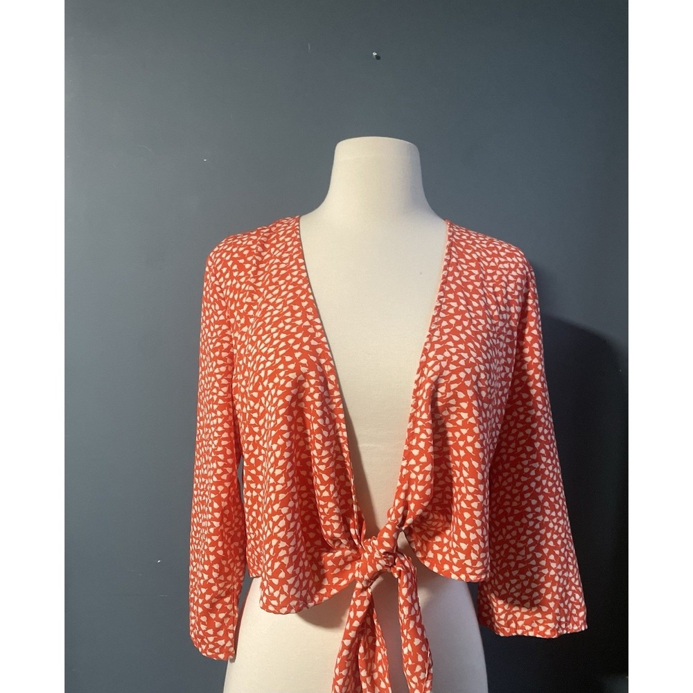 Lulus Orange Floral Tie Front Crop‎ Top Long Sleeve Size Medium